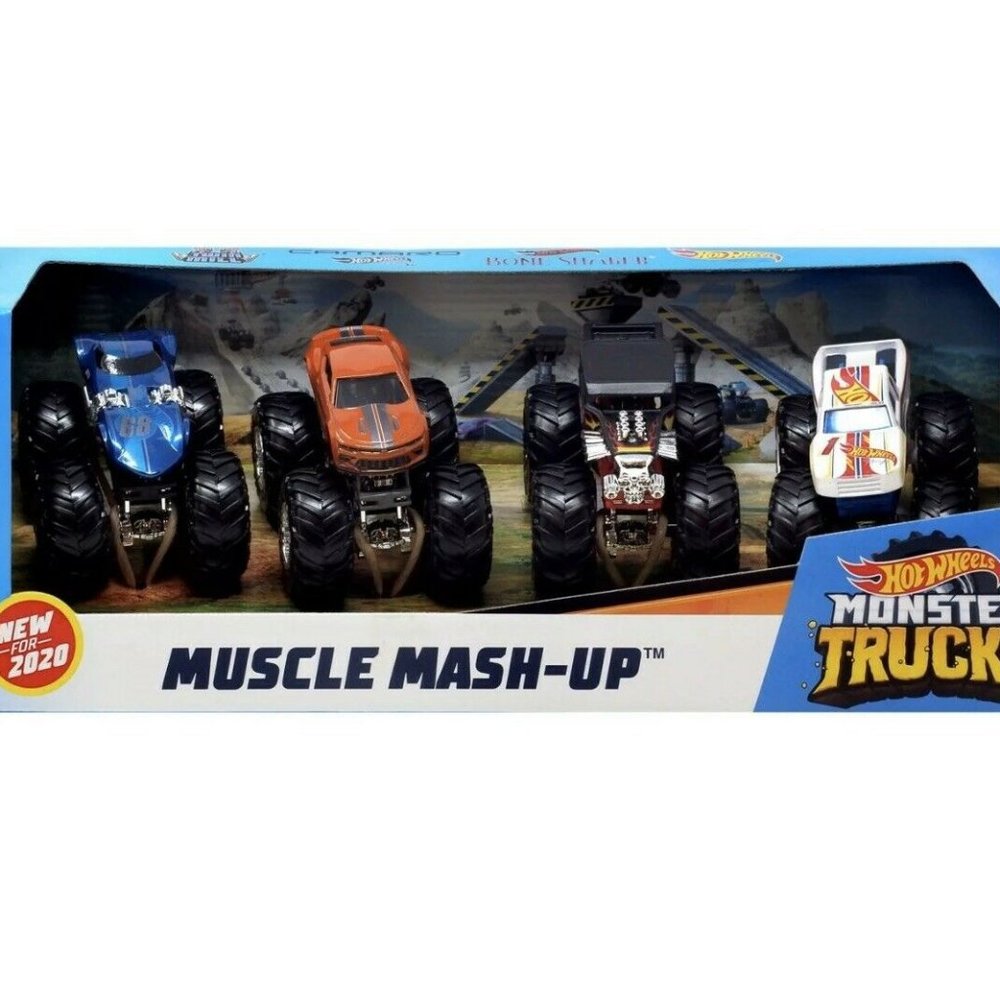 Hot Wheels MUSCLE MASH-UP 4 Pack Monster Trucks Ca